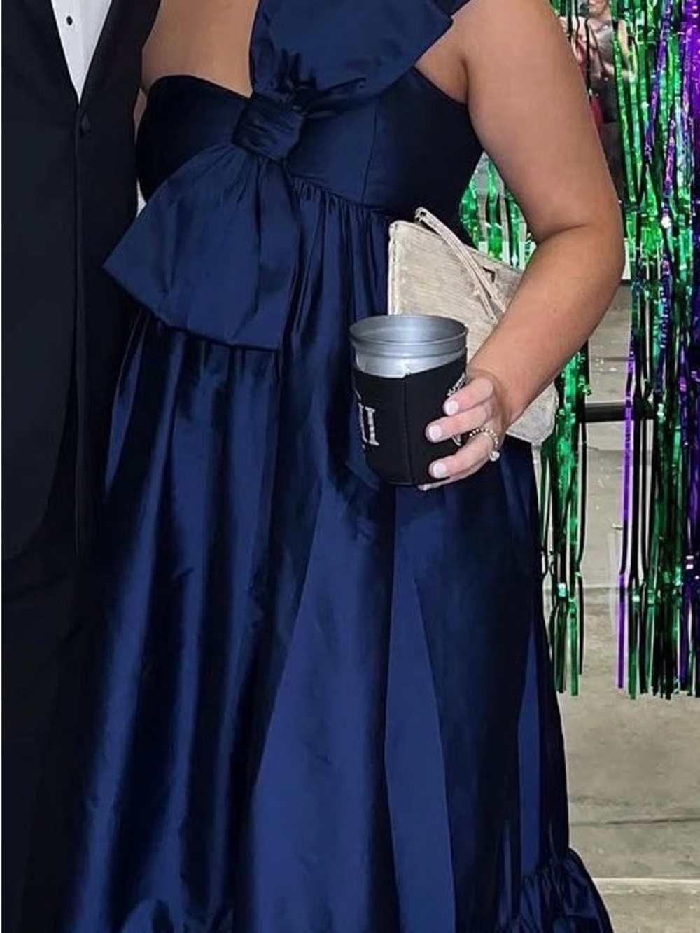 Anthro Navy One-Shoulder Bow Maxi Dress